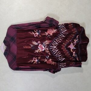 01129 Kyla Seo maroon and black flannel with maroon embroidered velvet blouse XL